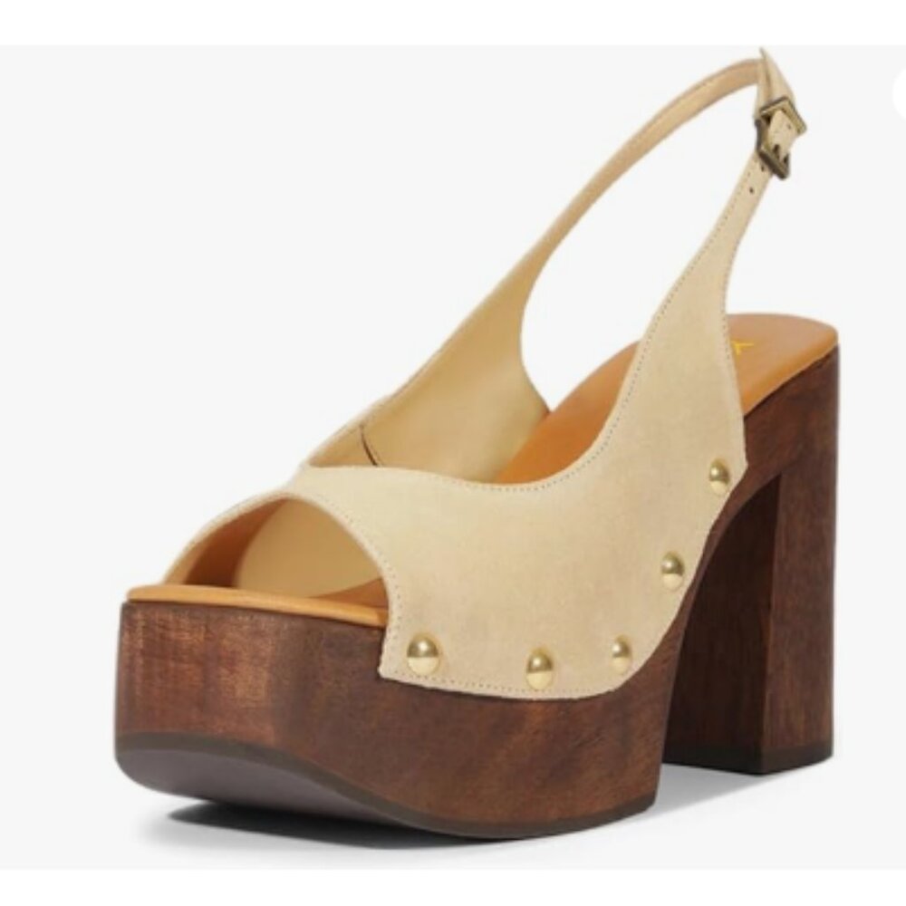 YDN Beige Suede Platform Slingback Heels with Wooden Block Heel